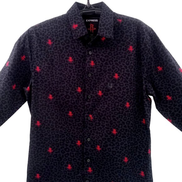 Express Mens Black Houston Rockets Slim Dress Shirt Size M 15" 15.5" Leopard - Picture 1 of 16